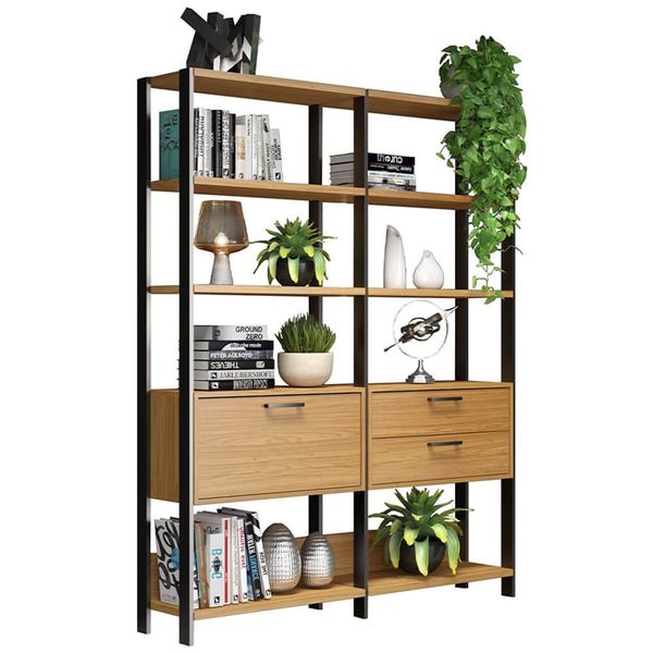 Estante Krent C/ 2 Gavetas E 1 Porta Basculante 100% MDF Freijó / Preto Fosco Estante Krent C/ 2 Gavetas E 1 Porta Basculante 100% MDF Freijó / Preto Fosco