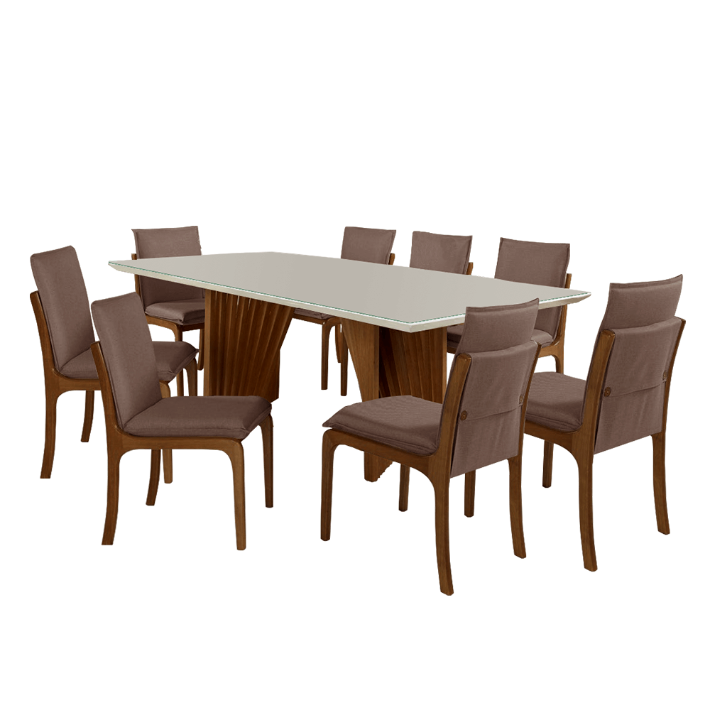 Conjunto de Jantar Amélia C/ Mesa de Jantar 160cm x 90cm C/ Tampo em Laca e  Vidro Off White / Castanho + 6 Cadeiras C/ Encosto Linho Cinza / Castanho -  attraktiva