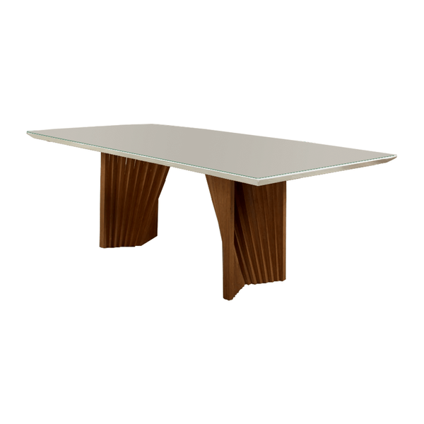 Conjunto de Jantar Amélia C/ Mesa de Jantar 160cm x 90cm C/ Tampo em Laca e  Vidro Off White / Castanho + 6 Cadeiras C/ Encosto Linho Cinza / Castanho -  attraktiva