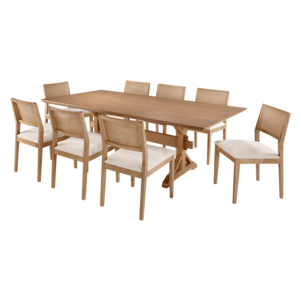 Conjunto Mesa de Jantar 8 Lugares Quadrada com 8 Cadeiras em Madeira  Belissima Bege 150x150cm - ecadeiraslegacy