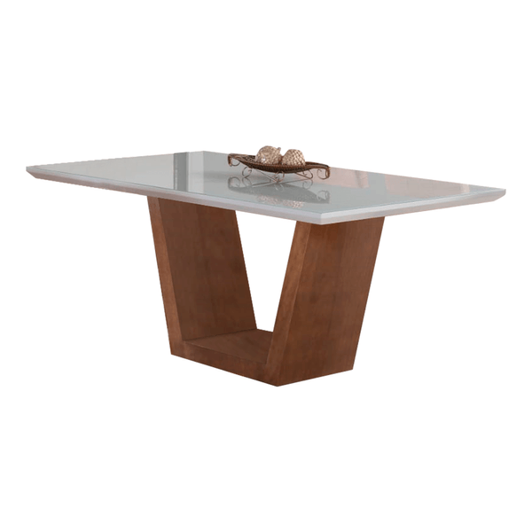 Mesa de Jantar Forest 180cm x 100cm Tampo Em Laca C/ Canto Moeda e Vidro Colado Off White / Castanho