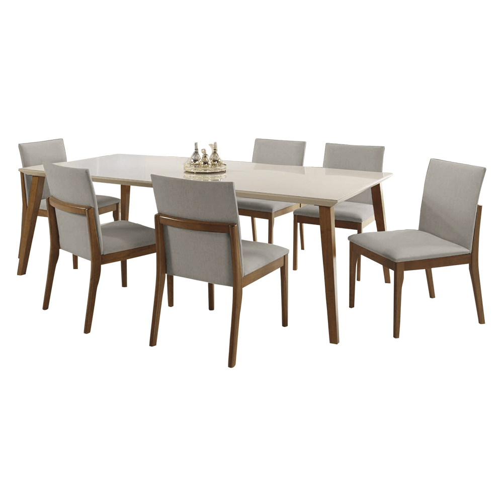 Conjunto De Jantar Hércules C/ Mesa De Jantar 160cmx90cm Tampo Em Laca e  Vidro Off White / Capuccino + 6 Cadeiras Estofadas Facto Cinza / Capuccino  - attraktiva