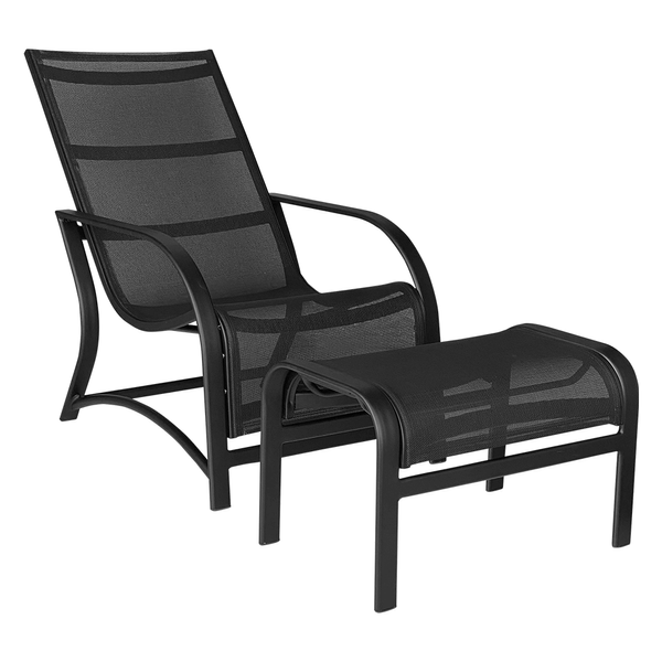 Conjunto Poltrona C/ Puff Francis Em Alumínio C/ Tela Sling Preta Conjunto Poltrona C/ Puff Francis Em Alumínio C/ Tela Sling Preta