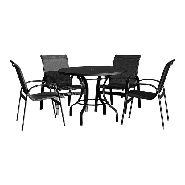 Conjunto Sabatini Mesa Em Alumínio C/ Tampo Ripado + 4 Cadeiras Em Alumínio C/ Tela Sling Preta Conjunto Sabatini Mesa Em Alumínio C/ Tampo Ripado + 4 Cadeiras Em Alumínio C/ Tela Sling Preta