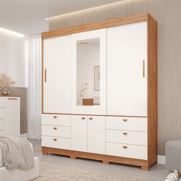 Guarda-Roupa Zava (L: 192cm) 100% MDF C/ 3 Portas de Correr Cinamomo / Off  White - attraktiva