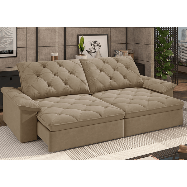 Sofá Haslam 4 Lugares (L: 290cm) C/ Molas Ensacadas Retrátil e Reclinável Veludo Bege Sofá Haslam 4 Lugares (L: 290cm) C/ Molas Ensacadas Retrátil e Reclinável Veludo Bege