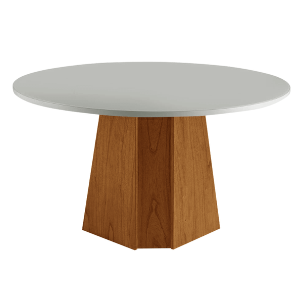 Mesa De Jantar Hermion Redonda Ø120cm C/ Tampo Em Laca e Vidro Colado Off White / Base Cinamomo Canela