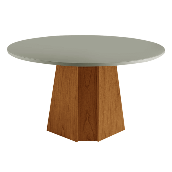 Mesa De Jantar Hermion Redonda Ø120cm C/ Tampo Em Laca e Vidro Colado Corda / Base Cinamomo Canela