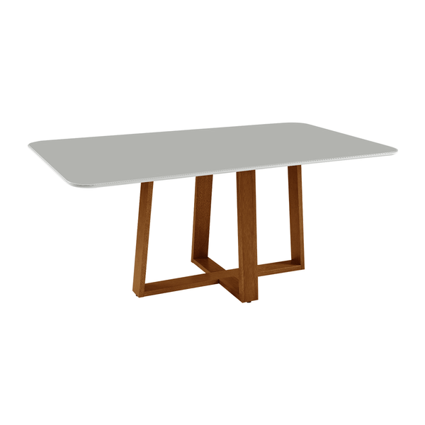 Mesa De Jantar Meriota 160cm x 90cm C/ Tampo Em Laca e Vidro Colado Off White / Base Canela Mesa De Jantar Meriota 160cm x 90cm C/ Tampo Em Laca e Vidro Colado Off White / Base Canela