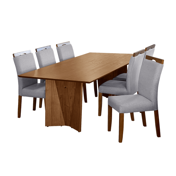 Conjunto de Jantar Amélia C/ Mesa de Jantar 160cm x 90cm C/ Tampo em Laca e  Vidro Off White / Castanho + 6 Cadeiras C/ Encosto Linho Cinza / Castanho -  attraktiva