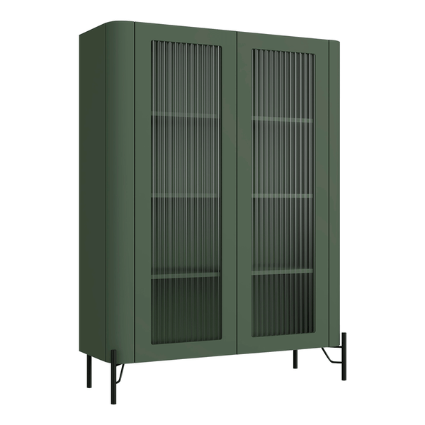 Cristaleira Chloe 100% MDF C/ 2 Portas de Vidro Canelado Verde Musgo / Preto