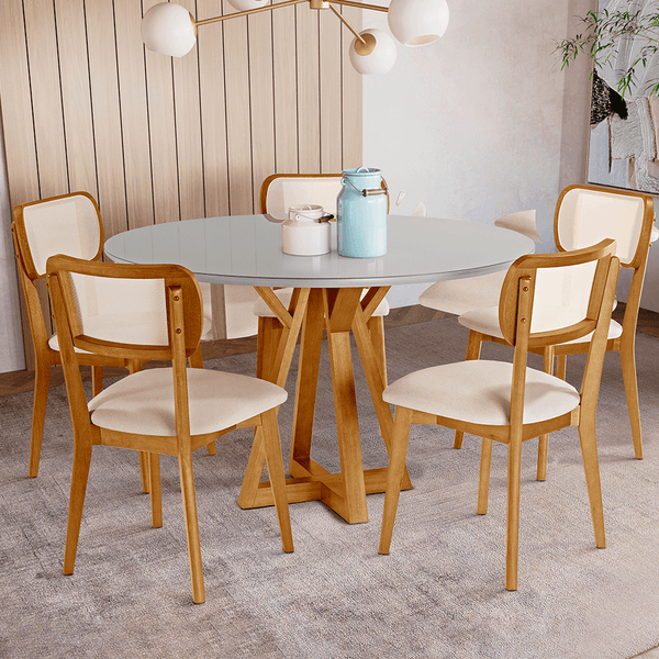 Conjunto De Jantar Russell C/ Mesa Ø120cm C/ Tampo Em Laca E Vidro Off White / Capuccino + 5 Cadeiras Encosto Tela Quadrada Linho Areia / Capuccino