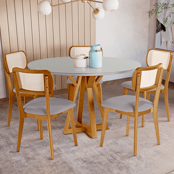 Conjunto De Jantar Russell C/ Mesa Ø120cm C/ Tampo Em Laca E Vidro Off White / Capuccino + 5 Cadeiras Encosto Tela Quadrada Linho Cinza / Capuccino