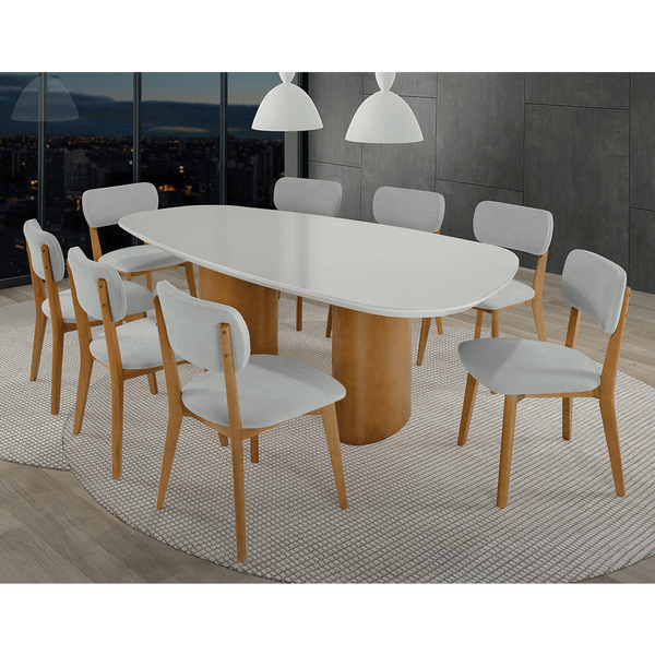 Conjunto De Jantar Farell C/ Mesa 220cm X 110cm Tampo Organico Off White / Capuccino + 8 Cadeiras Em Madeira Maciça Estofada Bouclê Cinza / Capuccino Conjunto De Jantar Farell C/ Mesa 220cm X 110cm Tampo Organico Off White / Capuccino + 8 Cadeiras Em Madeira Maciça Estofada Bouclê Cinza / Capuccino