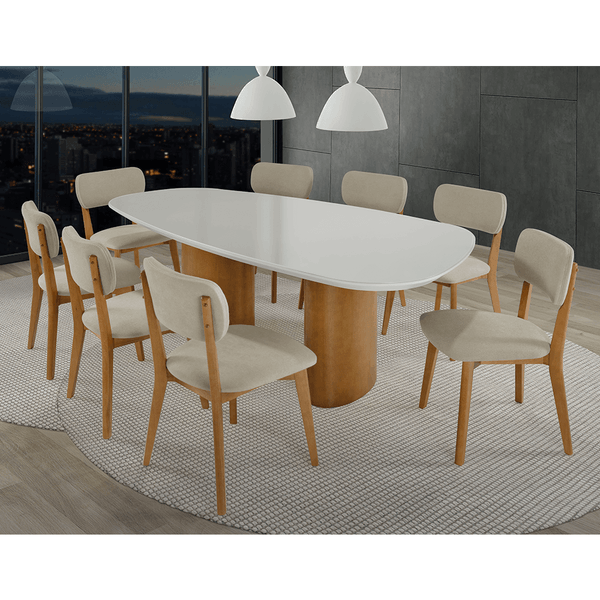 Conjunto De Jantar Farell C/ Mesa 220cm X 110cm Tampo Organico Off White / Capuccino + 8 Cadeiras Em Madeira Maciça Estofada Bouclê Castor / Capuccino