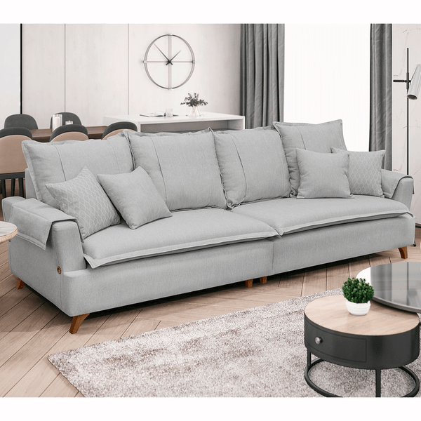 Sofá Tena 3 Lugares (L: 214cm) Bipartido C/ 4 Almofadas Decorativas Linho Cinza Claro / Mel Sofá Tena 3 Lugares (L: 214cm) Bipartido C/ 4 Almofadas Decorativas Linho Cinza Claro / Mel