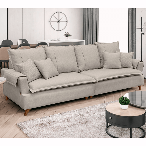 Sofá Tena 3 Lugares (L: 214cm) Bipartido C/ 4 Almofadas Decorativas Linho Fendi / Mel