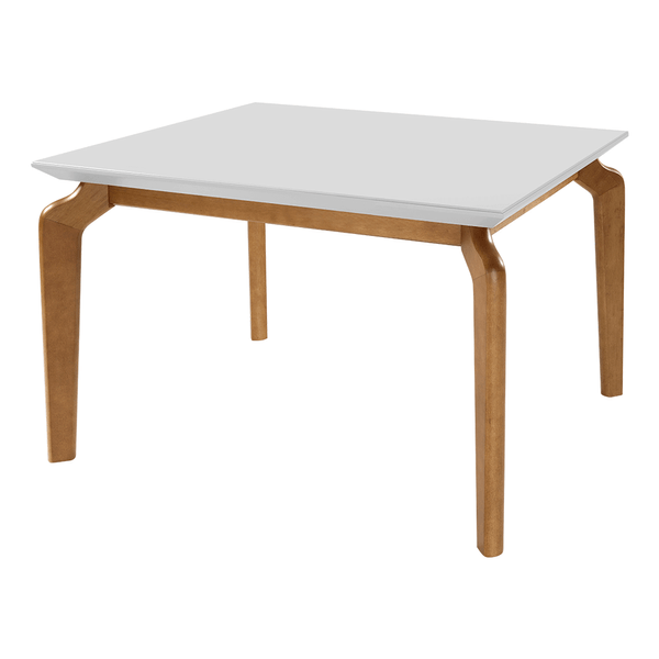 Mesa de Jantar Madeline 150cm x 150cm C/ Tampo Em Laca e Vidro Colado Branco / Base Capuccino
