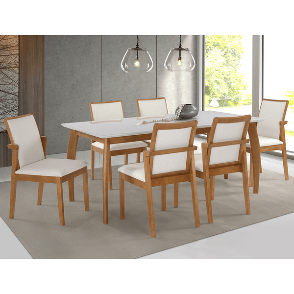 Conjunto de Jantar Texas C/ Mesa 180cmx90cm C/ Tampo Em Laca e Vidro Colado Off White / Capuccino + 6 Cadeiras Estofadas Linho Bege Claro / Capuccino Conjunto de Jantar Texas C/ Mesa 180cmx90cm C/ Tampo Em Laca e Vidro Colado Off White / Capuccino + 6 Cadeiras Estofadas Linho Bege Claro / Capuccino