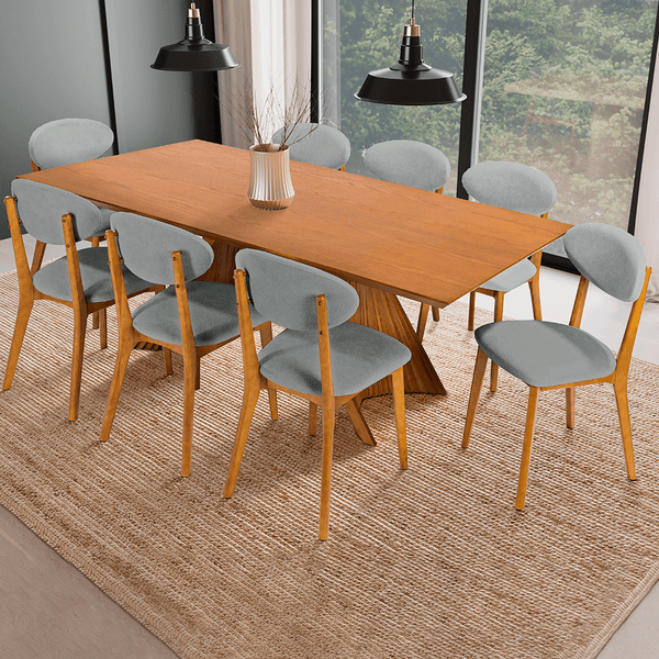 Conjunto de Jantar Deone C/ Mesa 220cm x 110cm Tampo Laminado Carvalho Americano Capuccino + 8 Cadeiras Estofadas Bouclê Cinza / Capuccino