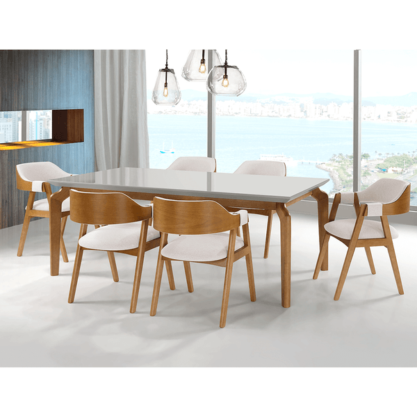 Conjunto de Jantar Madeline C/ Mesa 180cm x 100cm Tampo Laqueado Off White / Capuccino + 6 Cadeiras Em Madeira Maciça Linho Off White / Capuccino Conjunto de Jantar Madeline C/ Mesa 180cm x 100cm Tampo Laqueado Off White / Capuccino + 6 Cadeiras Em Madeira Maciça Linho Off White / Capuccino