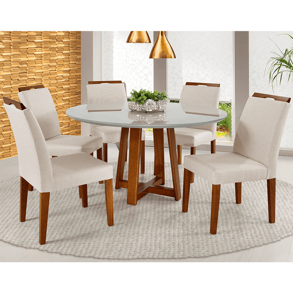 Conjunto De Jantar Guld C/ Mesa Ø120cm Tampo Em Laca e Vidro Colado Off White / Nogueira + 5 Cadeiras Estofadas C/ Puxador Linho Areia / Nogueira Conjunto De Jantar Guld C/ Mesa Ø120cm Tampo Em Laca e Vidro Colado Off White / Nogueira + 5 Cadeiras Estofadas C/ Puxador Linho Areia / Nogueira