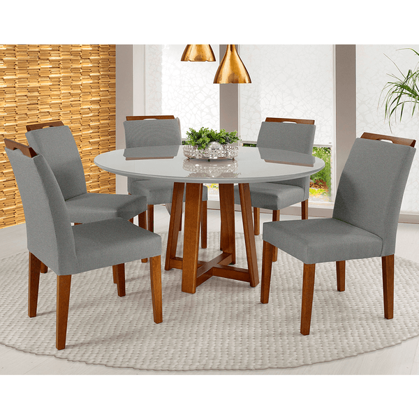 Conjunto De Jantar Guld C/ Mesa Ø120cm Tampo Em Laca e Vidro Colado Off White / Nogueira + 5 Cadeiras Estofadas C/ Puxador Linho Cinza / Nogueira Conjunto De Jantar Guld C/ Mesa Ø120cm Tampo Em Laca e Vidro Colado Off White / Nogueira + 5 Cadeiras Estofadas C/ Puxador Linho Cinza / Nogueira