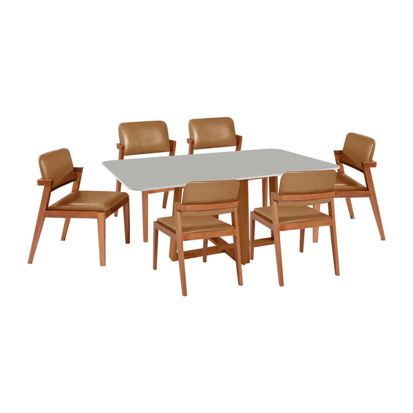 Conjunto de Jantar Meriota C/ Mesa 160cm x 90cm C/ Tampo Em Laca Off White / Base Canela + 6 Cadeiras Estofadas Corino Caramelo / Castanho Conjunto de Jantar Meriota C/ Mesa 160cm x 90cm C/ Tampo Em Laca Off White / Base Canela + 6 Cadeiras Estofadas Corino Caramelo / Castanho