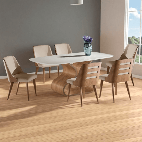 Conjunto de Jantar Runa C/ Mesa 180cmx100cm C/ Tampo Em Laca e Vidro Colado Off White / Base Freijó + 6 Cadeiras Estofadas Cotone Bege / Freijó Conjunto de Jantar Runa C/ Mesa 180cmx100cm C/ Tampo Em Laca e Vidro Colado Off White / Base Freijó + 6 Cadeiras Estofadas Cotone Bege / Freijó