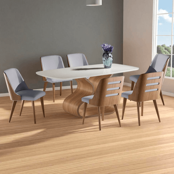 Conjunto de Jantar Runa C/ Mesa 180cmx100cm C/ Tampo Em Laca e Vidro Colado Off White / Base Freijó + 6 Cadeiras Estofadas Linho Cinza / Freijó Conjunto de Jantar Runa C/ Mesa 180cmx100cm C/ Tampo Em Laca e Vidro Colado Off White / Base Freijó + 6 Cadeiras Estofadas Linho Cinza / Freijó