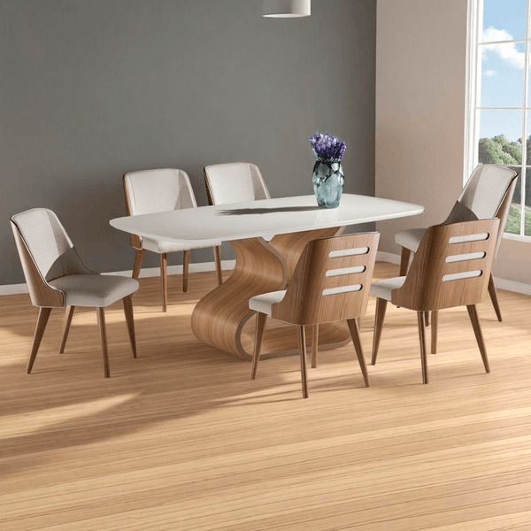 Conjunto de Jantar Runa C/ Mesa 180cmx100cm C/ Tampo Em Laca e Vidro Colado Off White / Base Freijó + 6 Cadeiras Estofadas Linho Rustico Cru / Freijó Conjunto de Jantar Runa C/ Mesa 180cmx100cm C/ Tampo Em Laca e Vidro Colado Off White / Base Freijó + 6 Cadeiras Estofadas Linho Rustico Cru / Freijó